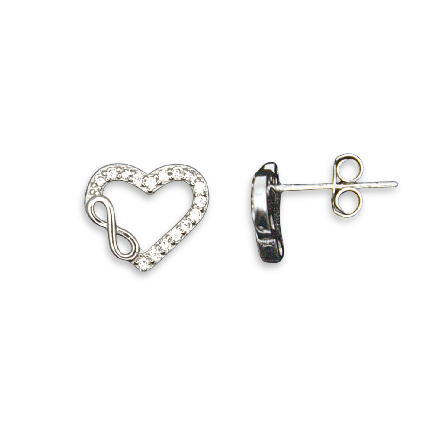 Sterling Silver Open Heart Stud Earrings, Pave-Set CZ with Infinity Detail