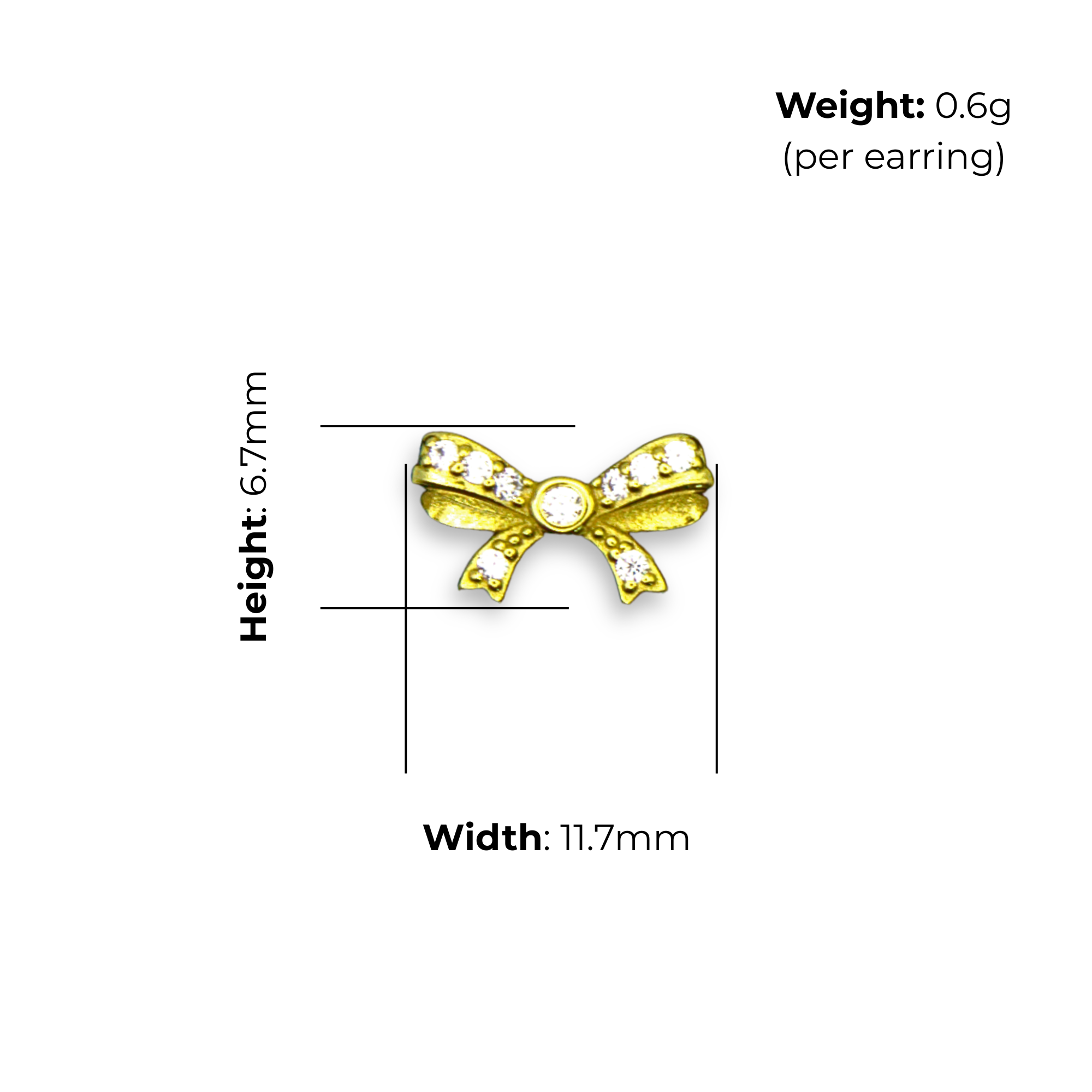 Sterling Silver Bow Stud Earrings, Gold Plated, CZ Detail, product dimensions shown, width 11.7mm, height 6.7mm, weight 0.6g per earring.