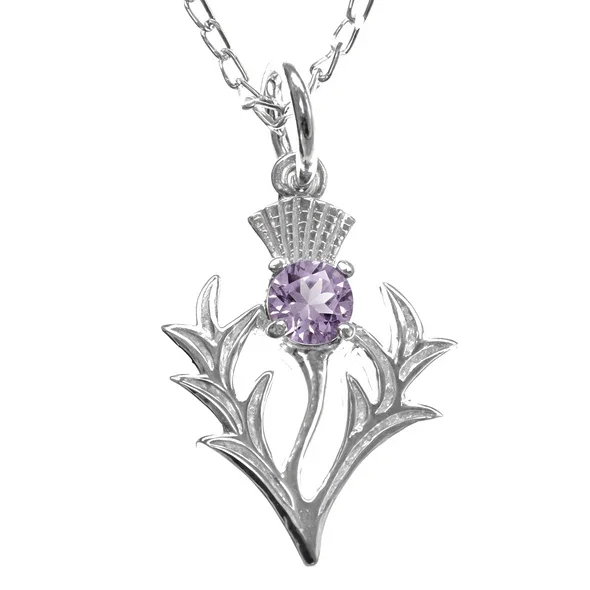 Sterling Silver Scottish Thistle Pendant, round amethyst claw set, feathered head.
