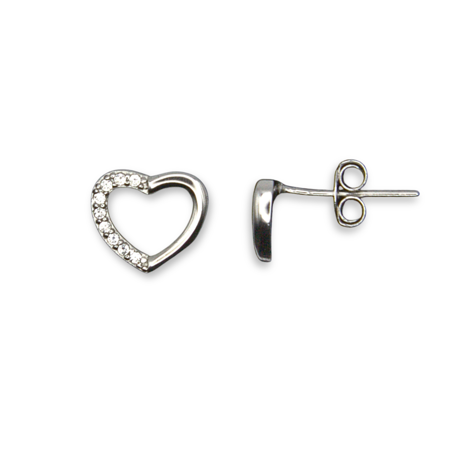 Sterling Silver Open Heart Stud Earrings, CZ Outline,