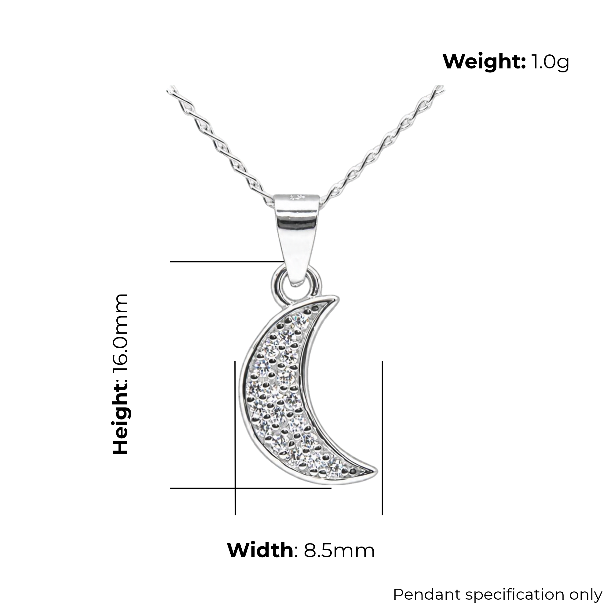 Sterling Silver Crescent Moon CZ Pendant, product dimensions shown, width 8.5mm, height 16mm, weight 1g pendant specification only