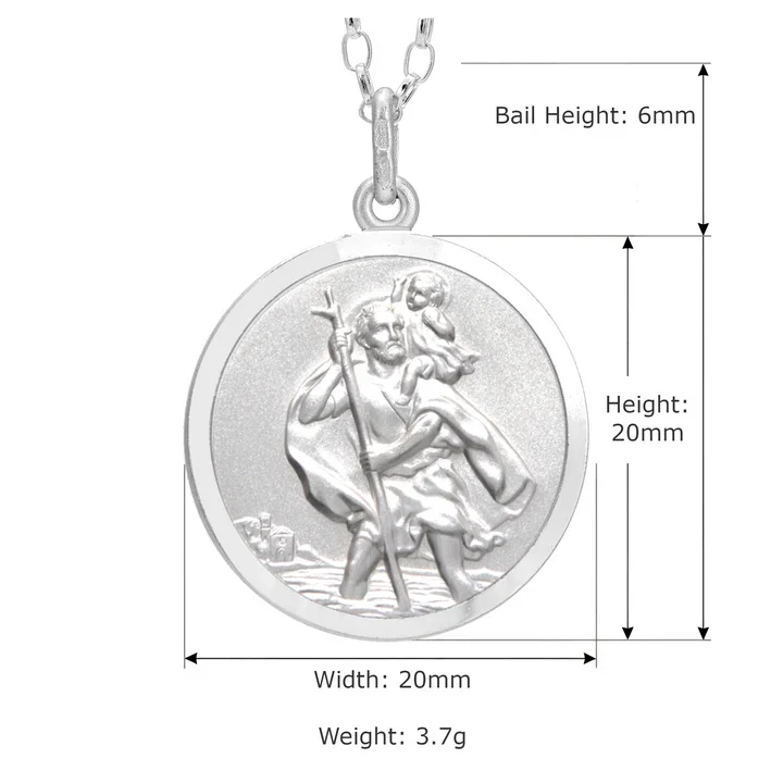 Sterling Silver St Christopher pendant, plain reverse. Embossed figural scene, satin face, polished border, product dimensions shown, width 20mm by height 20mm, bail height 6mm, weight 3.7g