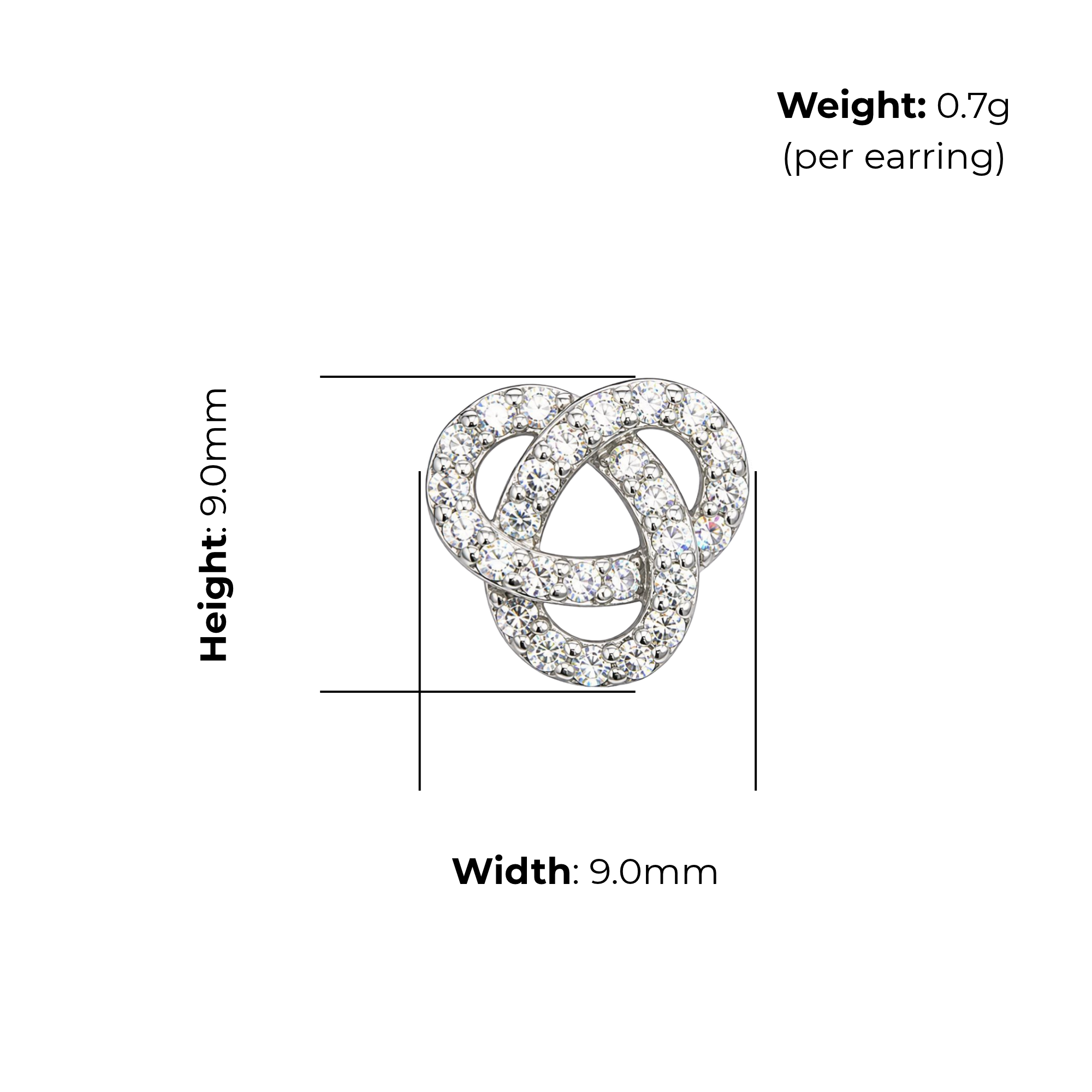 Sterling Silver Interlocking Loop Stud Earrings, Pave-Set CZ, product dimensions shown, width 9.0mm, height 9.0mm, weight 0.7g per earring.