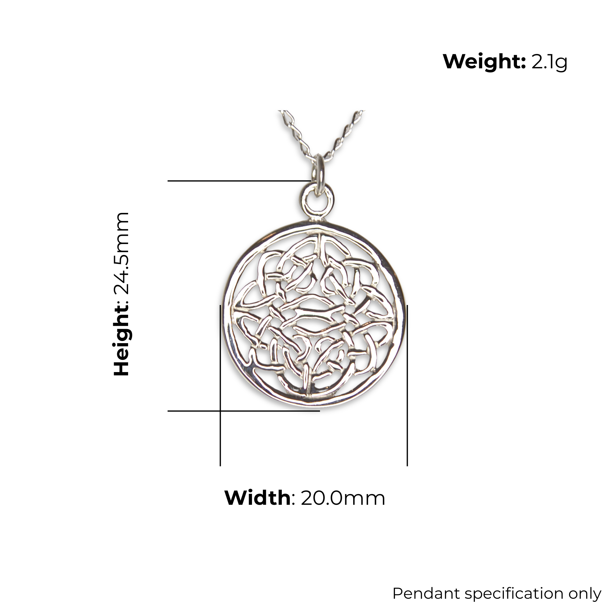 Sterling Silver Celtic Pendant, Four-Point Radial Knotwork, Circular Design, product dimensions shown, width 20.0mm, height 24.5mm, weight 2.1g, pendant specification only