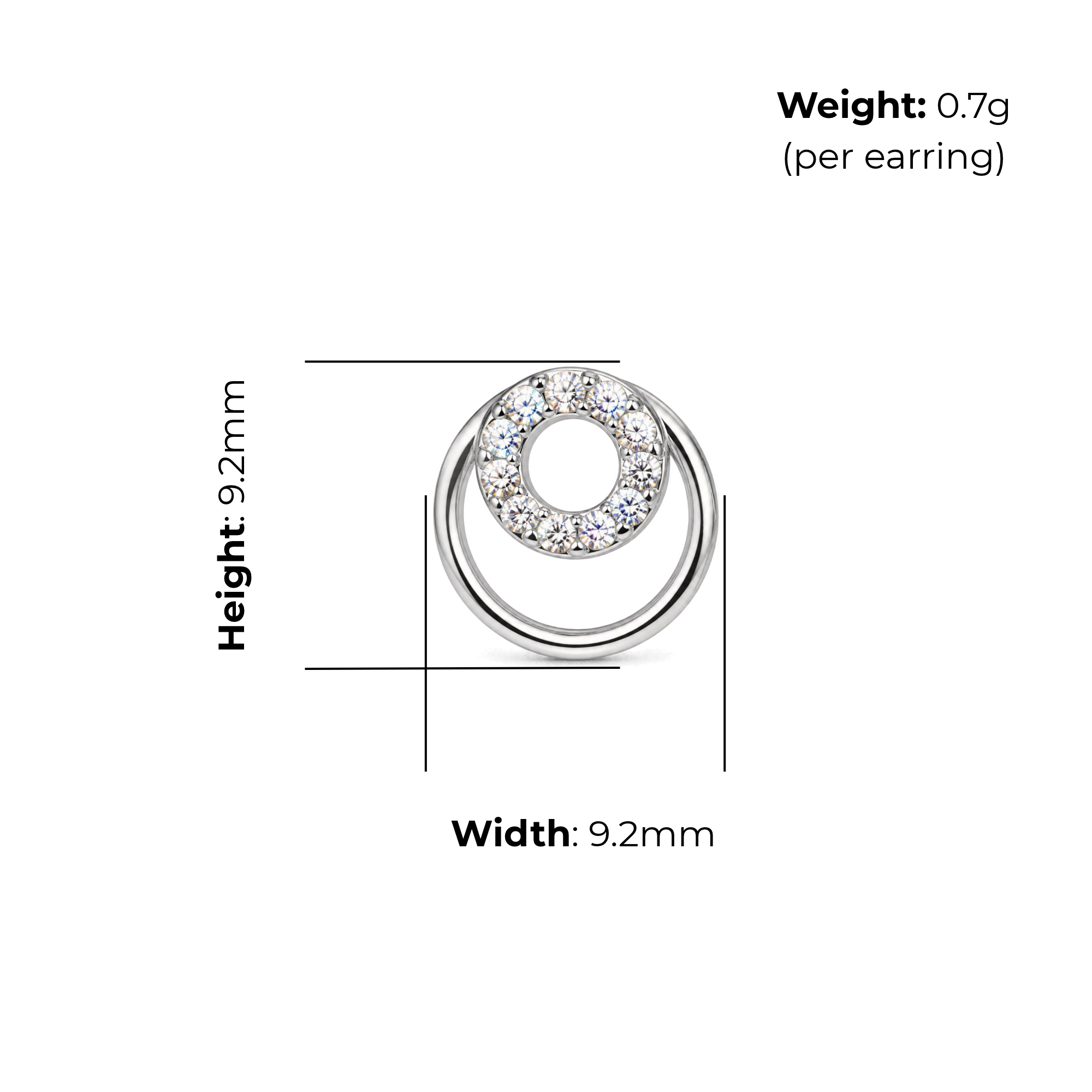 Sterling Silver Interlocking Circles Stud Earrings, Pave-Set CZ, product dimensions shown, width 9.2mm, height 9.2mm, weight 0.7g per earring.