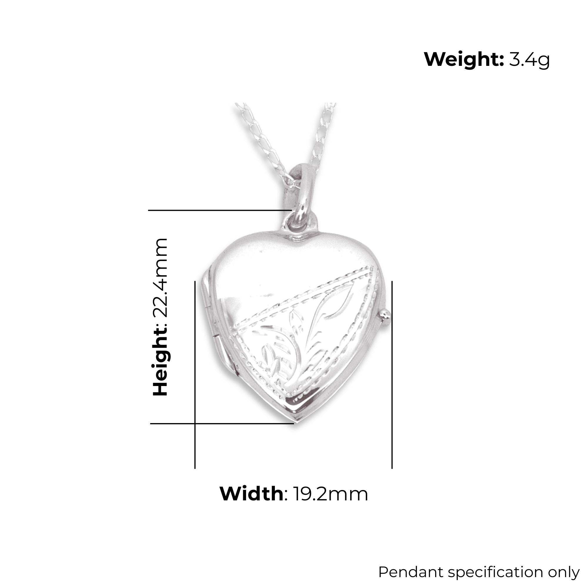 Sterling Silver Heart Locket, hand engraved fern design, product dimensions shown, width 19.2mmm, height 22.4mm, weight 3.4g