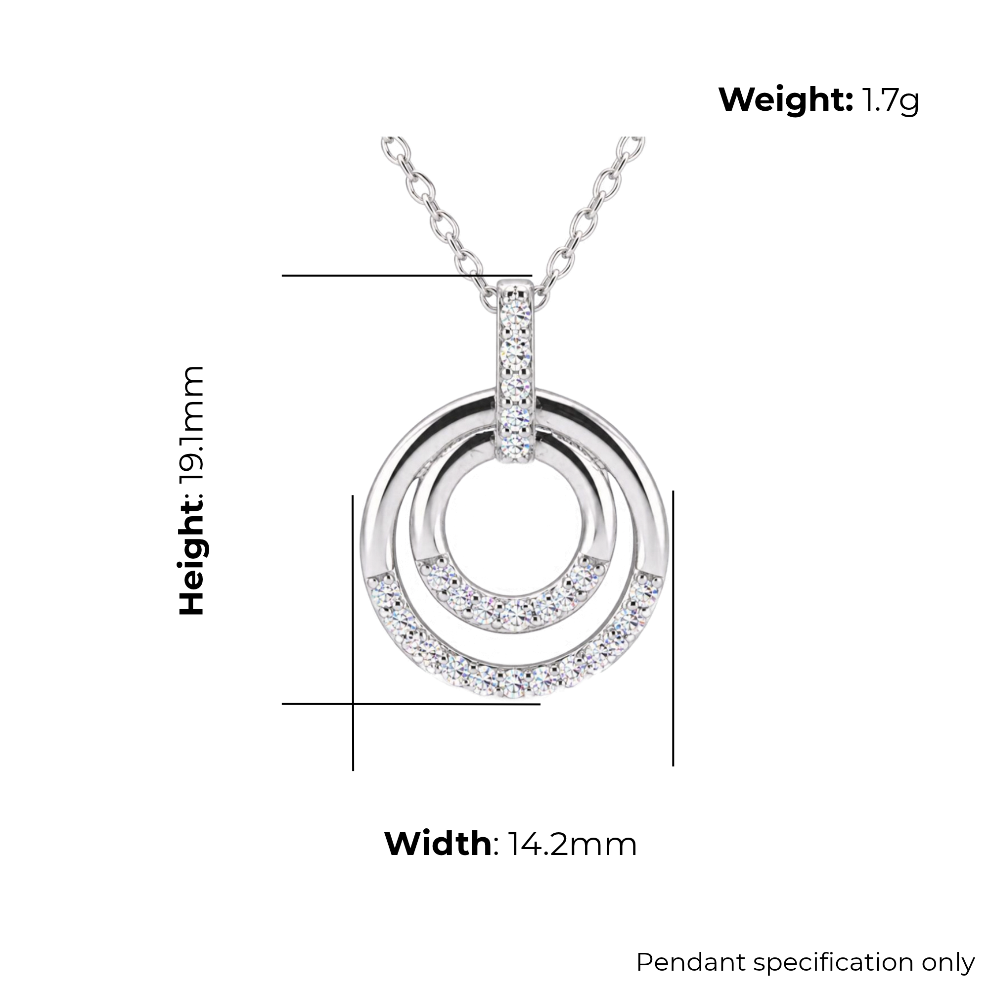 Sterling Silver Open Double Circle Pendant with CZ, product dimensions shown, width 14.2mm, height 19.1mm, weight 1.7g, pendant specification only