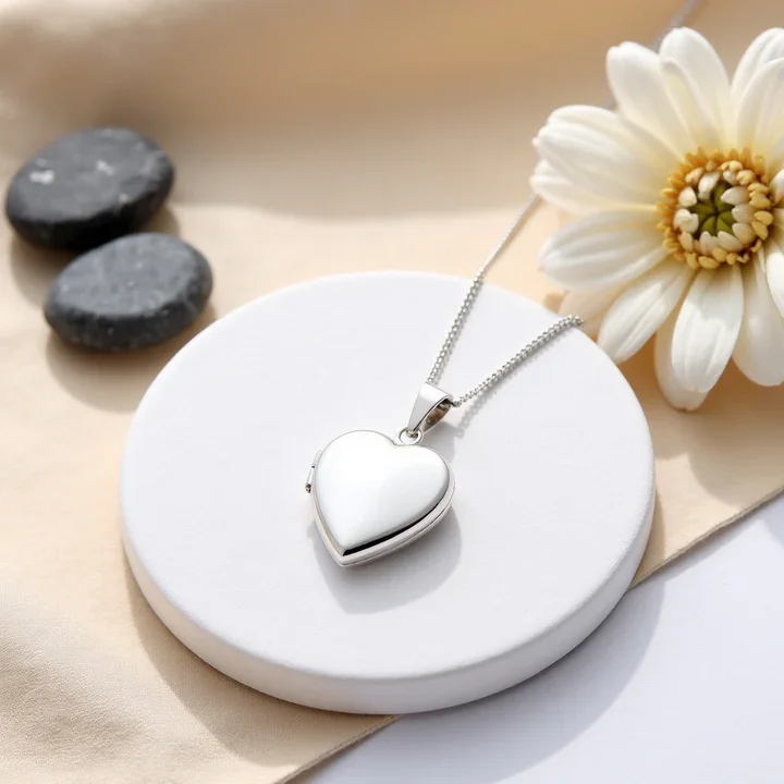 Sterling Silver petite heart locket. Plain high mirror polish, shown on display pad with sea stones and dried botanicals