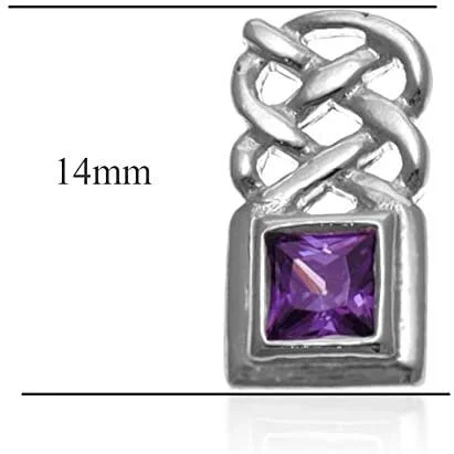 Sterling Silver Celtic Knotwork Stud Earrings, square-cut amethyst bezel set, plaitwork panel, push back fitting, product dimensions shown, height 14mm.