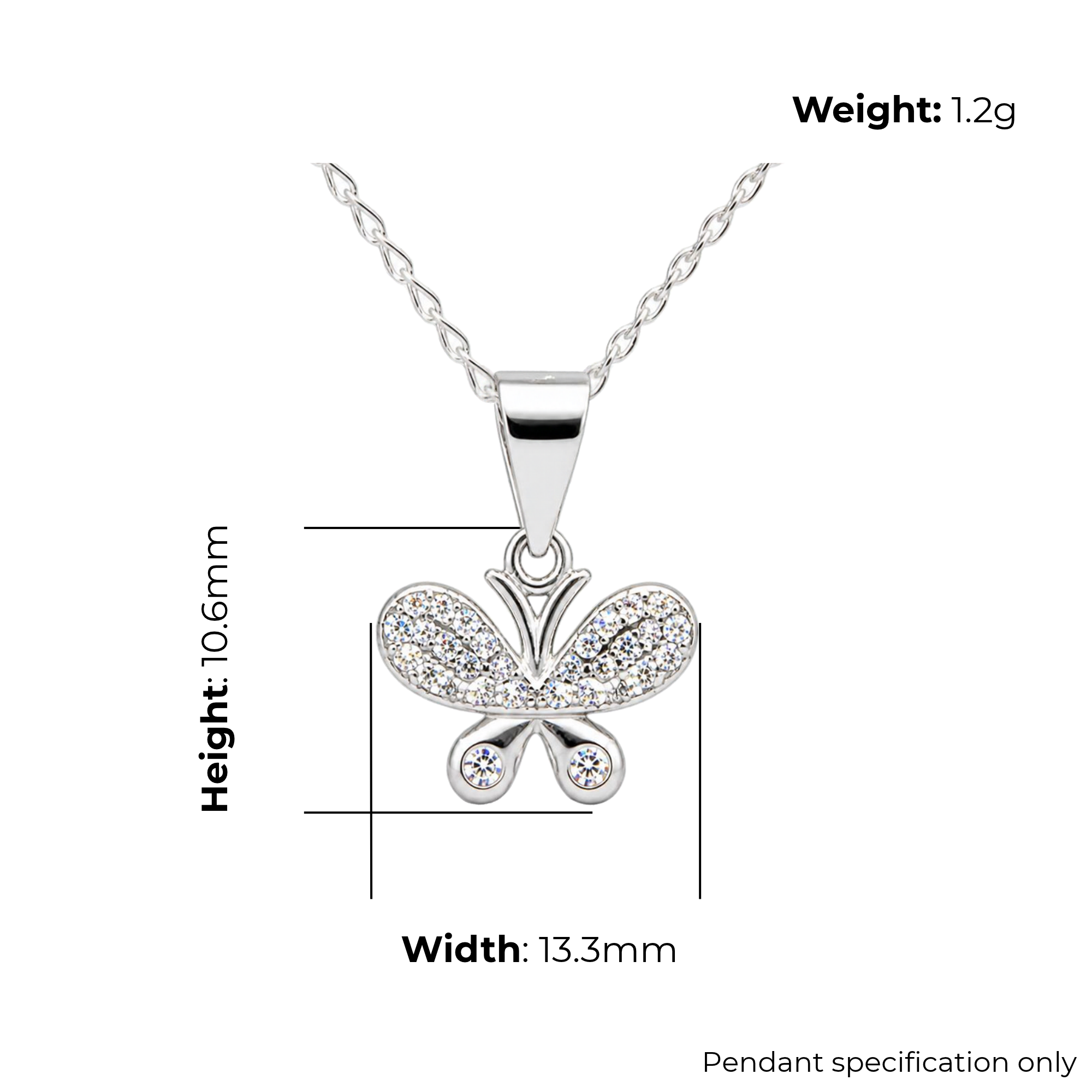 Sterling Silver Butterfly CZ Pendant, product dimensions shown, width 13.3mm, height 10.6mm, weight 1.2g, pendant specification only