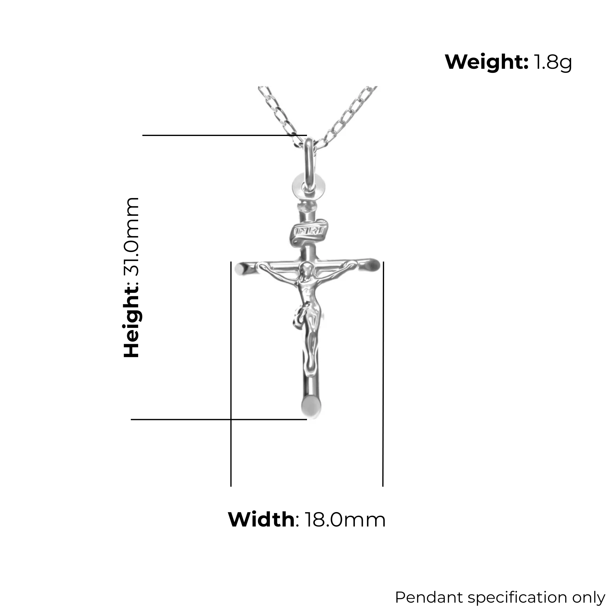 Sterling Silver Crucifix Pendant, tubular arms, INRI tablet, product dimensions shown, width 18mm, height 31mm, weight 1.8g, pendant specification only