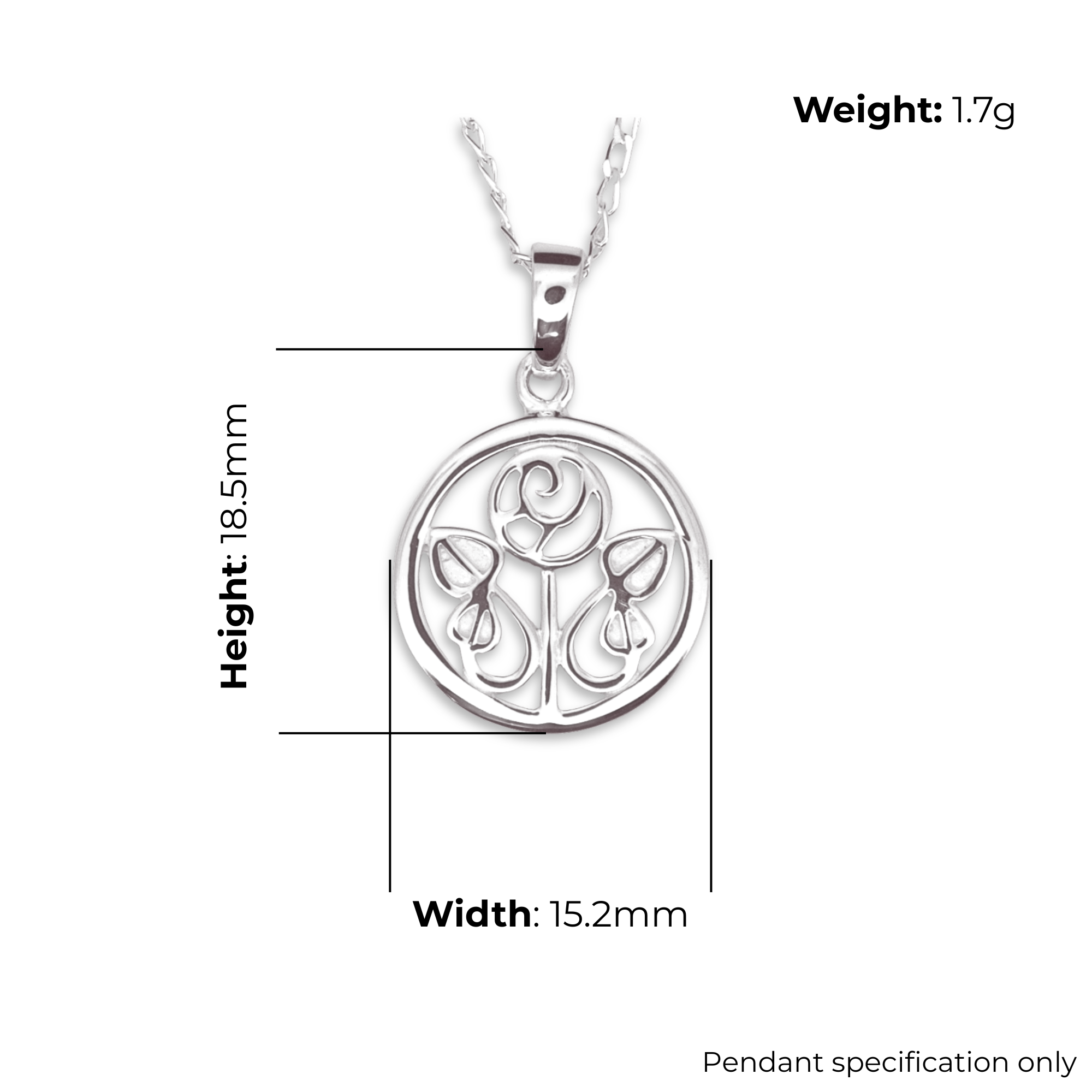 Sterling Silver Charles Rennie Mackintosh Rose Pendant, heart-shaped leaves, product dimensions shown, width 15.2mm, height 18.5mm, weight 1.7g, pendant specification only