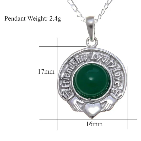 Sterling Silver Claddagh Pendant, engraved Friendship Loyalty Love border, green CZ bezel set, product dimensions shown, width 16mm by height 17mm, weight 2.4g