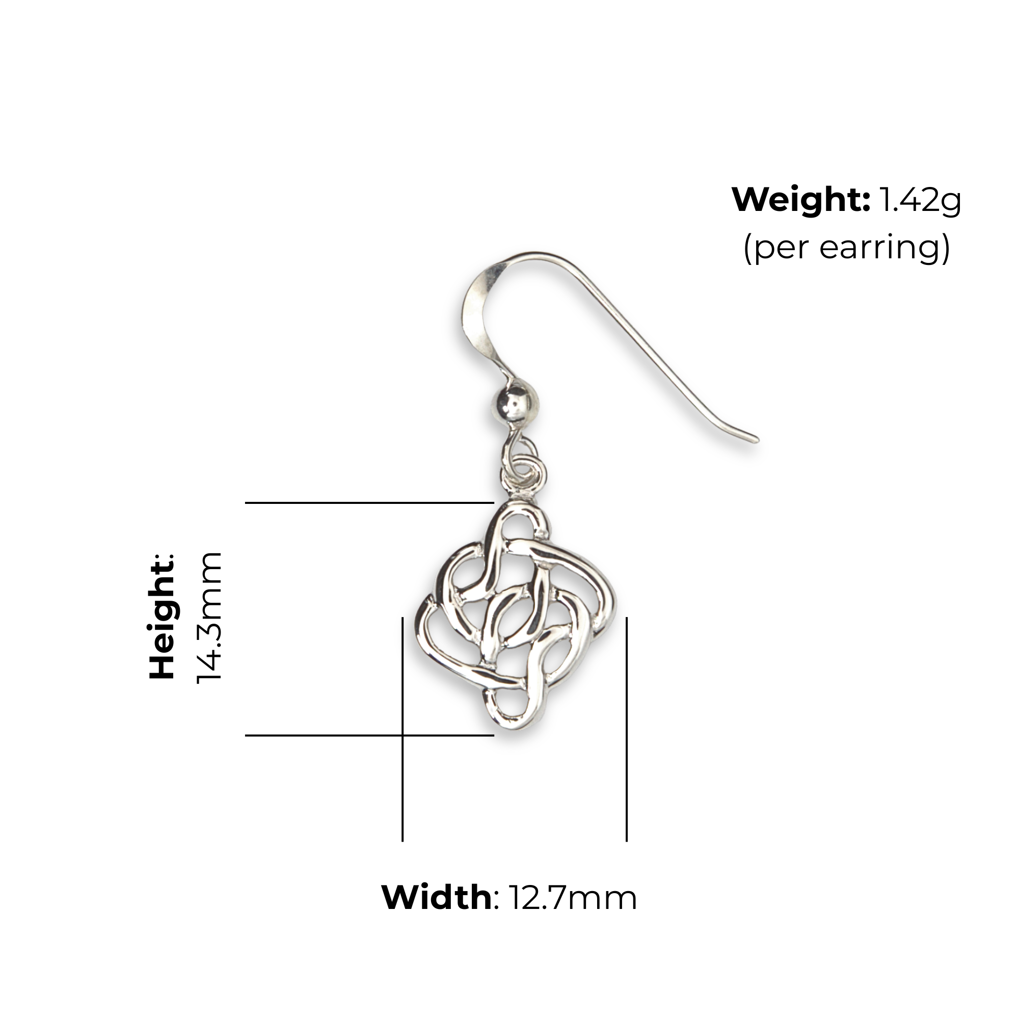 Sterling Silver Celtic Knotwork Drop Earrings, open interlaced design, high mirror polish, fish hook fitting, product dimensions shown, width 12.7mm, height 14.3mm, weight 1.42g per earring.