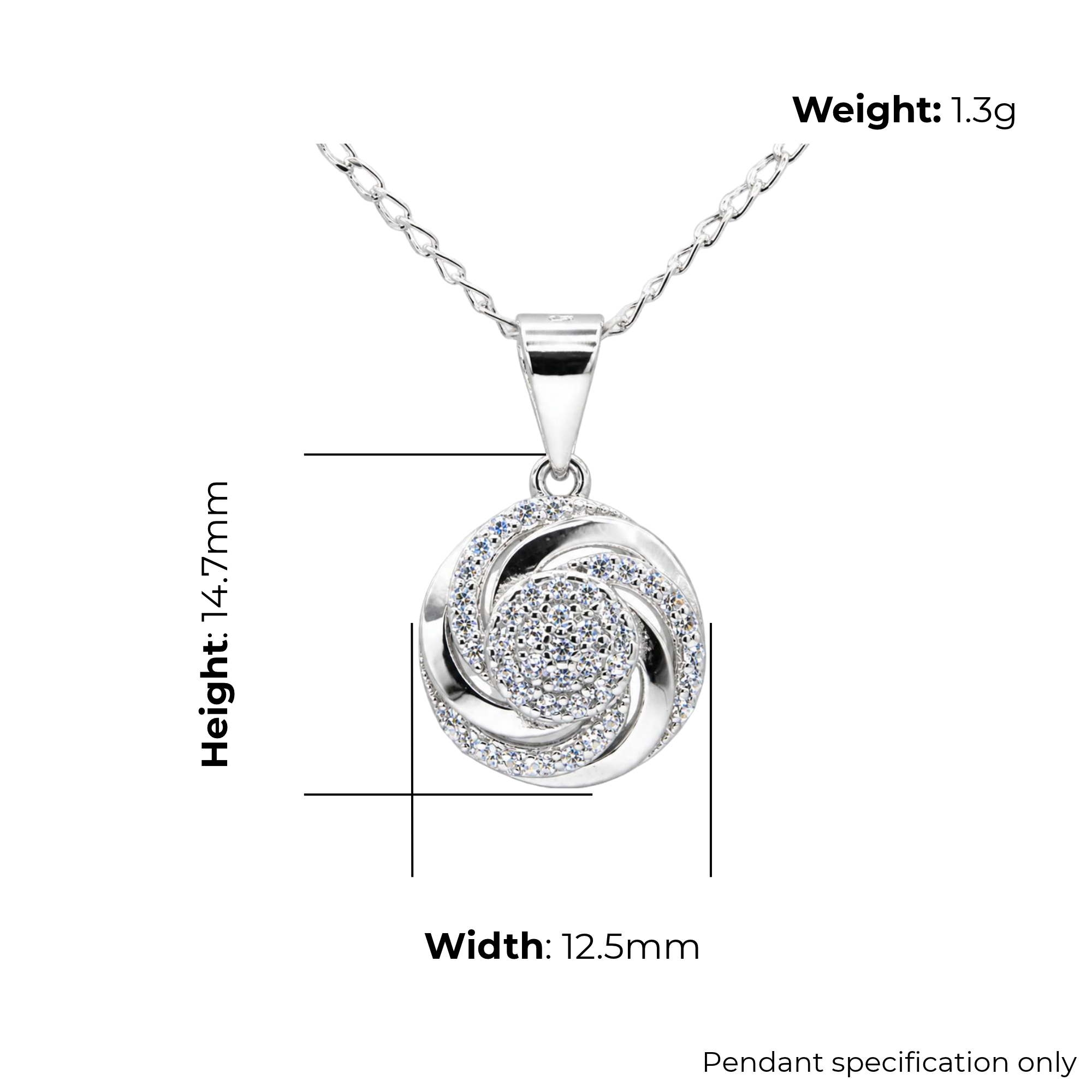 Sterling Silver Round Spiral CZ Pendant, product dimensions shown, width 12.5mm, height 14.7mm, weight 1.3g, pendant specification only