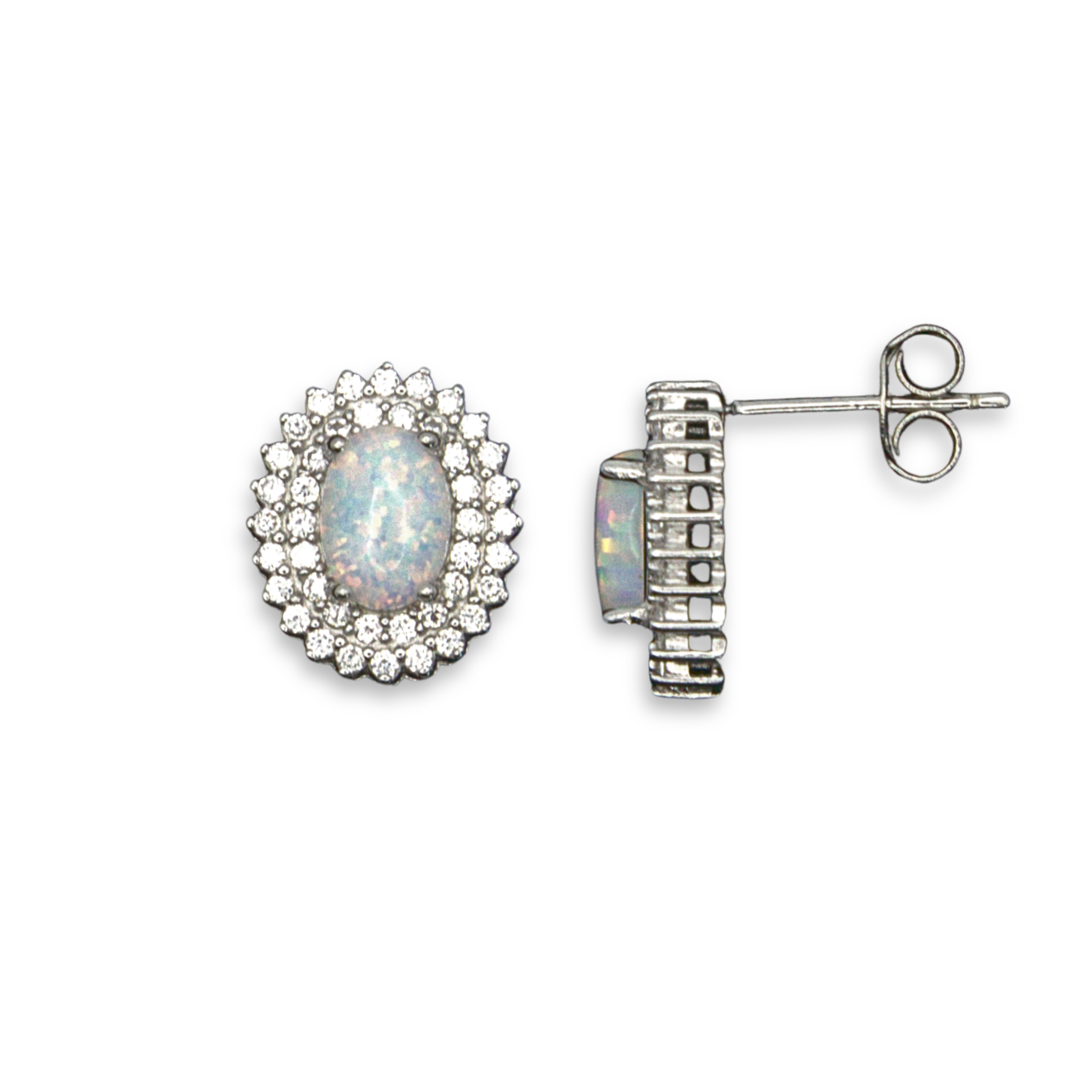 Sterling Silver Halo Stud Earrings, Synthetic Opal Centre Stone