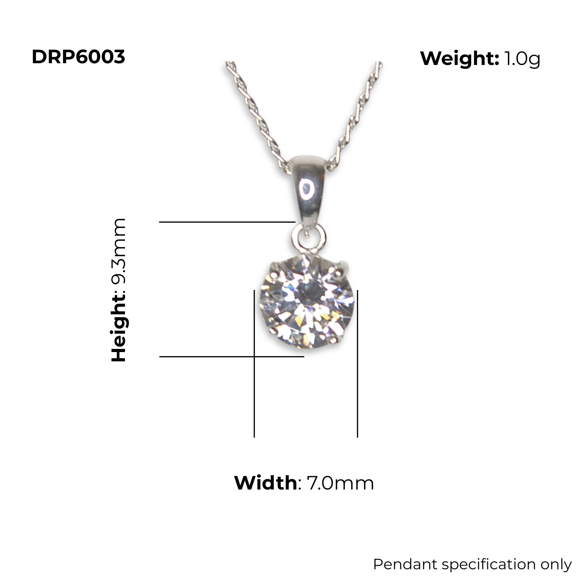 Sterling Silver Round CZ Solitaire Pendant, DRP6003 product dimensions shown, width 7mm, height 9.3mm, weight 1g, pendant specification only
