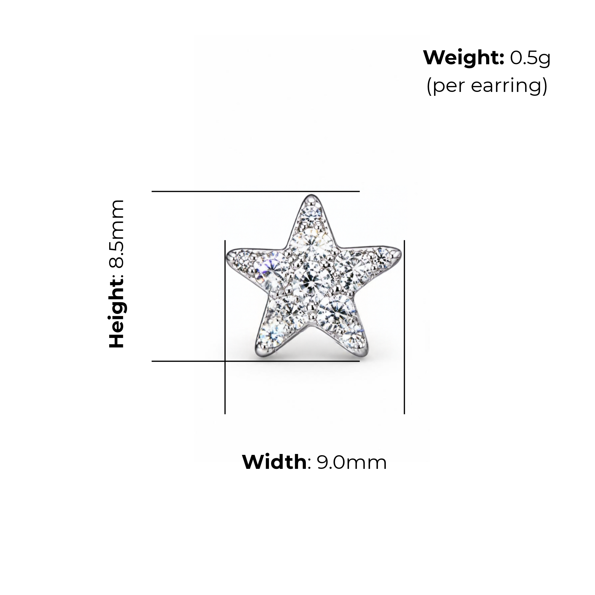Sterling Silver Star CZ Stud Earrings, product dimensions shown, width 9mm, height 8.5mm, weight 0.5g per earring