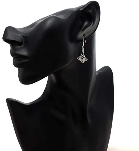 Sterling Silver Celtic Square Knotwork Drop Earrings, tapered stem, geometric interlace, fish hook fitting, shown on modelling bust at ear.