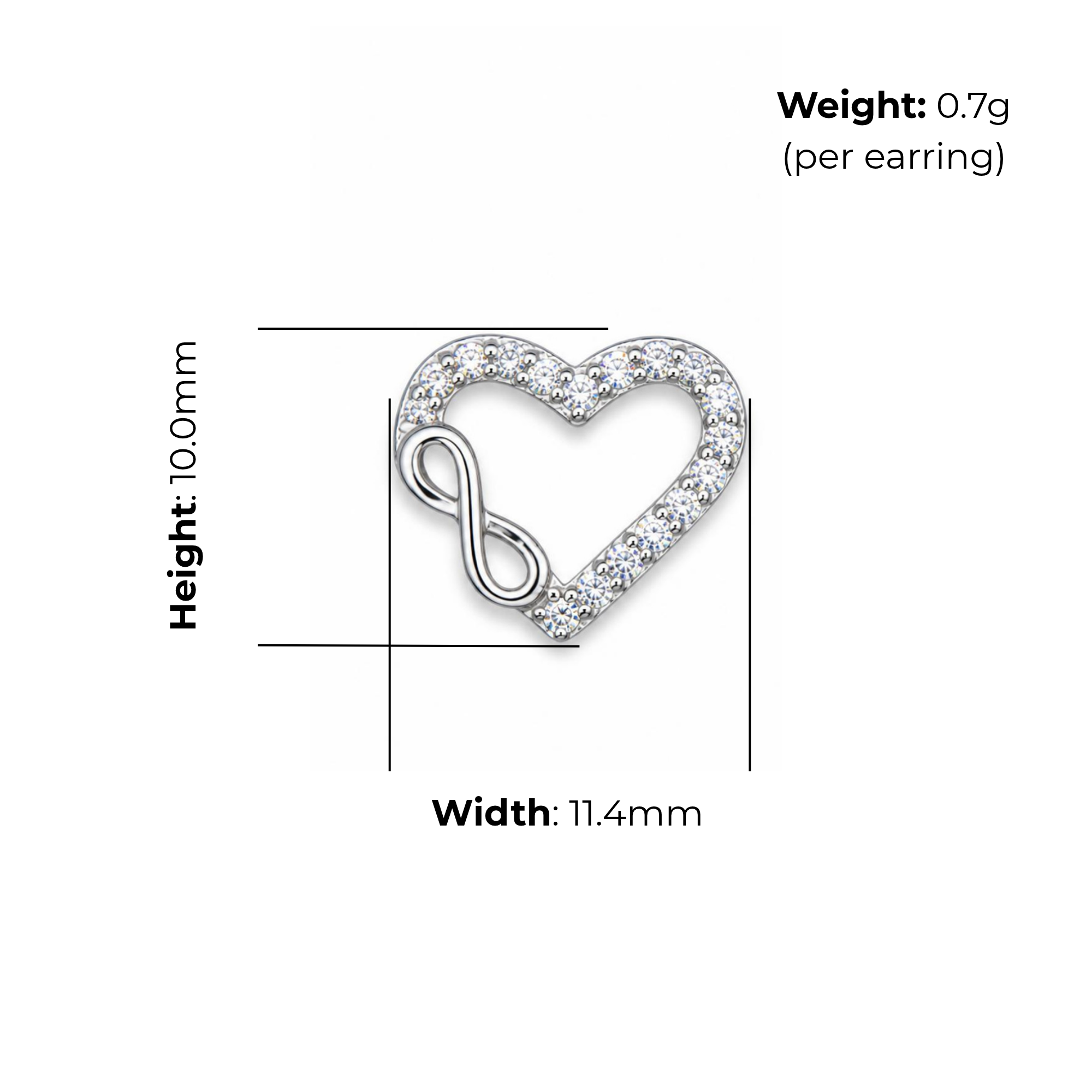 Sterling Silver Open Heart Stud Earrings, Pave-Set CZ with Infinity Detail, product dimensions shown, width 11.4mm, height 10.0mm, weight 0.7g per earring.