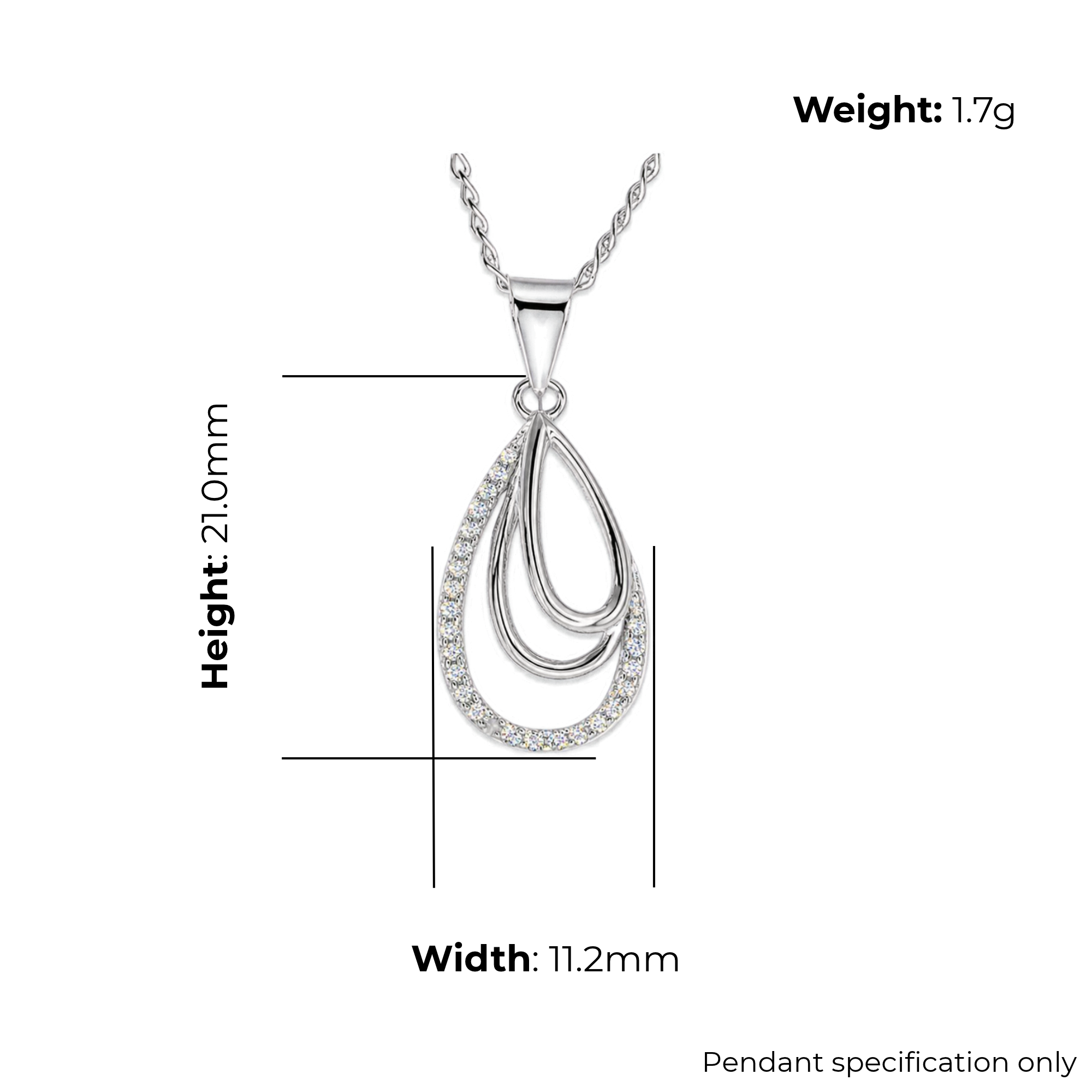 Sterling Silver Open Teardrop Pendant, Pave-Set CZ Trim, product dimensions shown, width 11.2mm, height 21.0mm, weight 1.7g, pendant specification only.