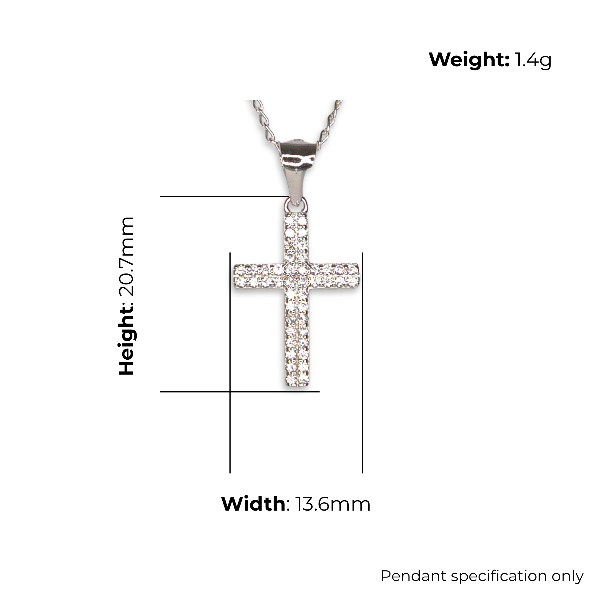 Sterling Silver Cross Pendant with CZ, product dimensions shown, width 13.6mm, height 20.7mm, weight 1.4g, pendant specification only