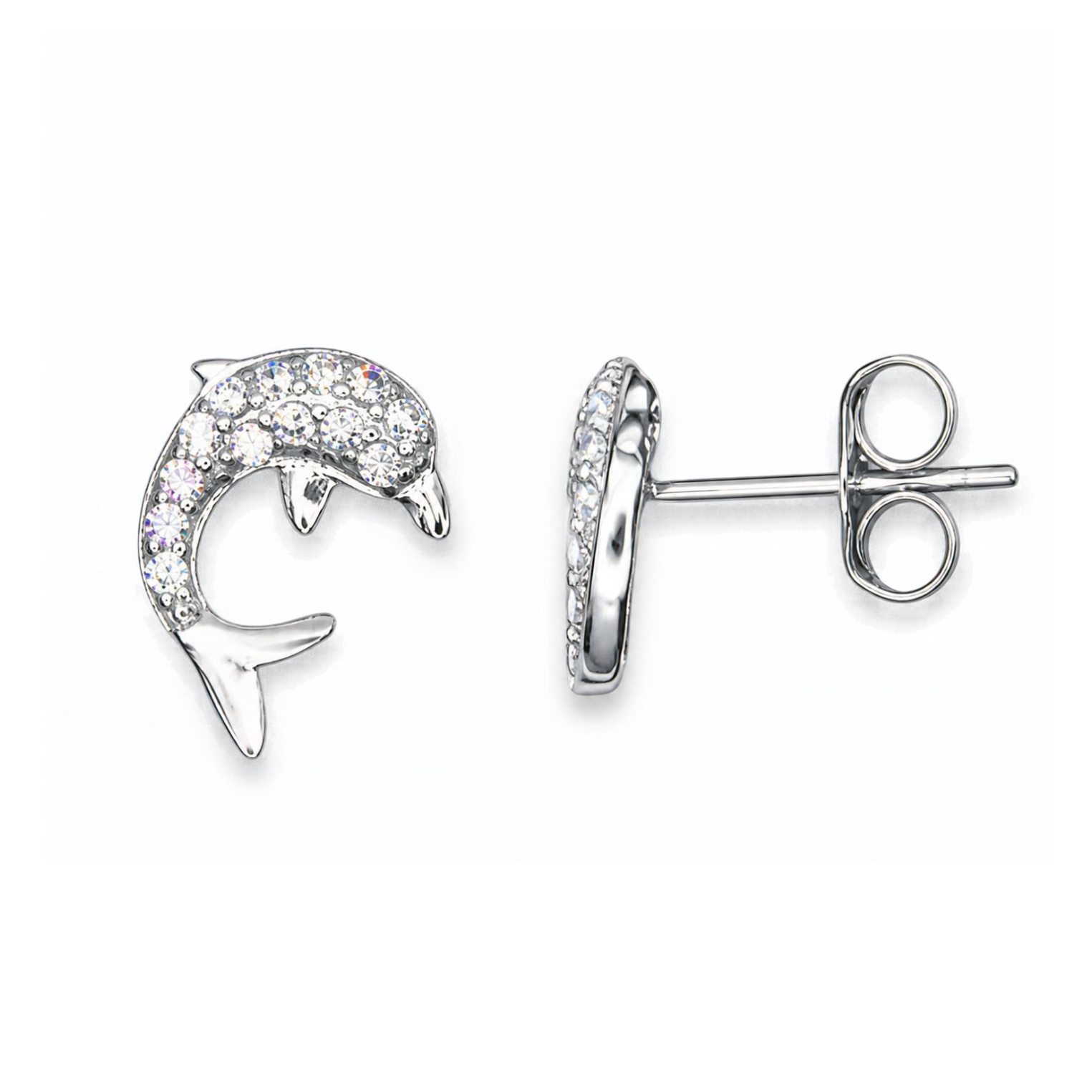Sterling Silver Dolphin Stud Earrings, Pave-Set CZ