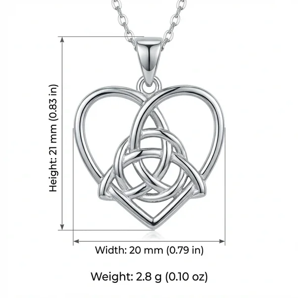 Sterling Silver Celtic Trinity Knot Heart Pendant, open heart frame, high mirror polish, product dimensions shown, height 21mm by width 20mm, weight 2.8g