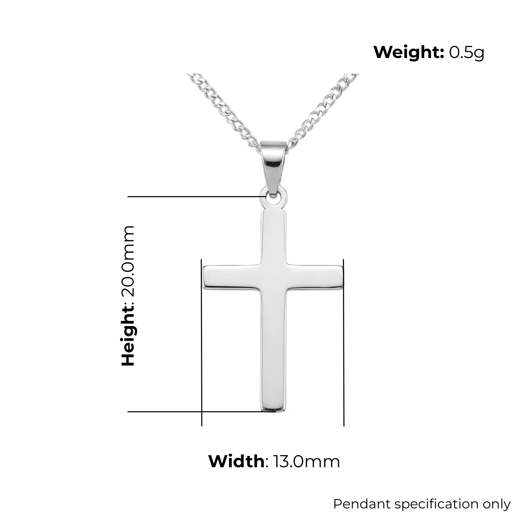 Lightweight Sterling Silver plain polished Latin cross pendant, product dimensions shown, height 20mm, width 13mm, weight 0.5g, pendant specification only