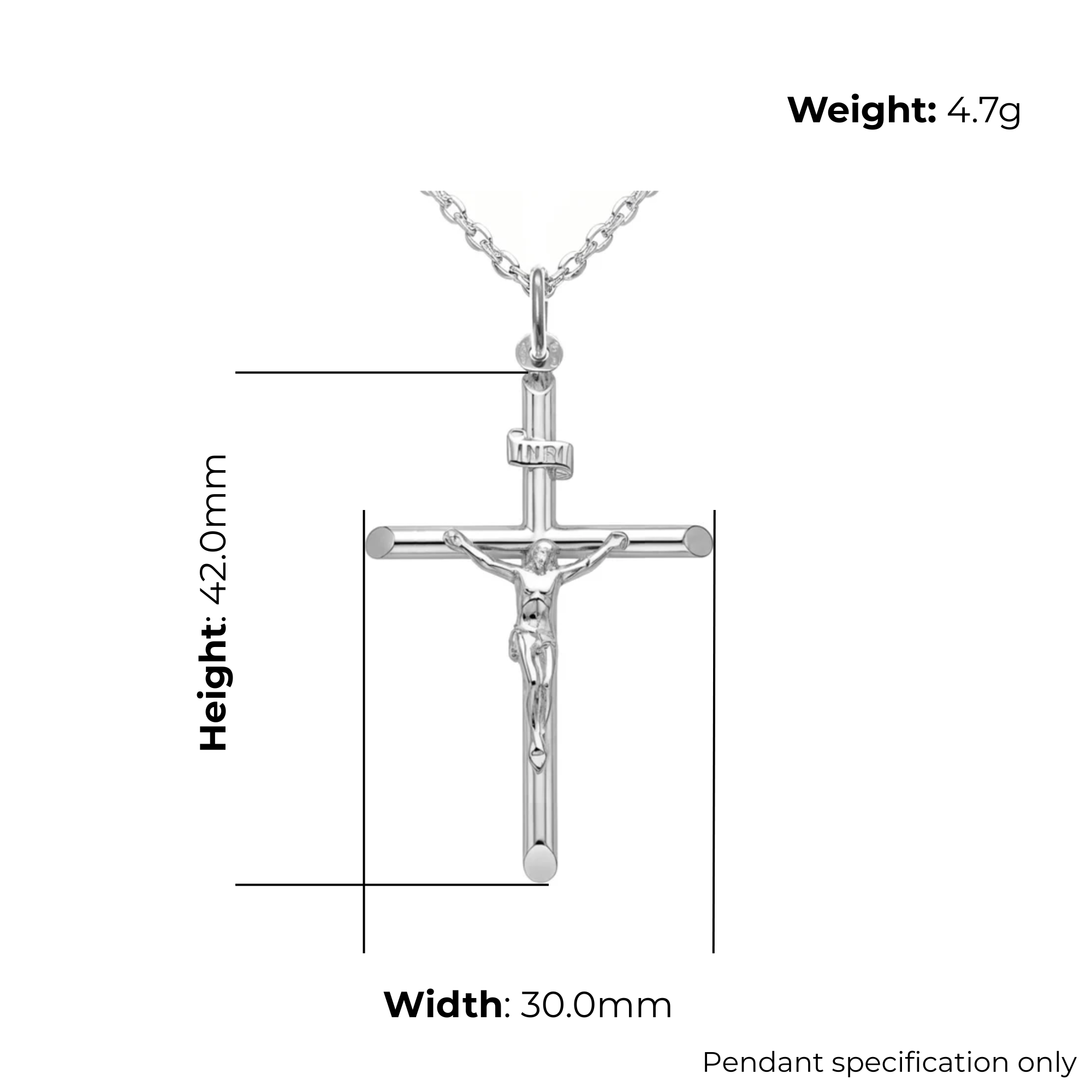 Sterling Silver Crucifix Pendant, tubular arms, INRI tablet, product specification shown, width 30mm, height 42mm, weight 4.7g, pendant specification only