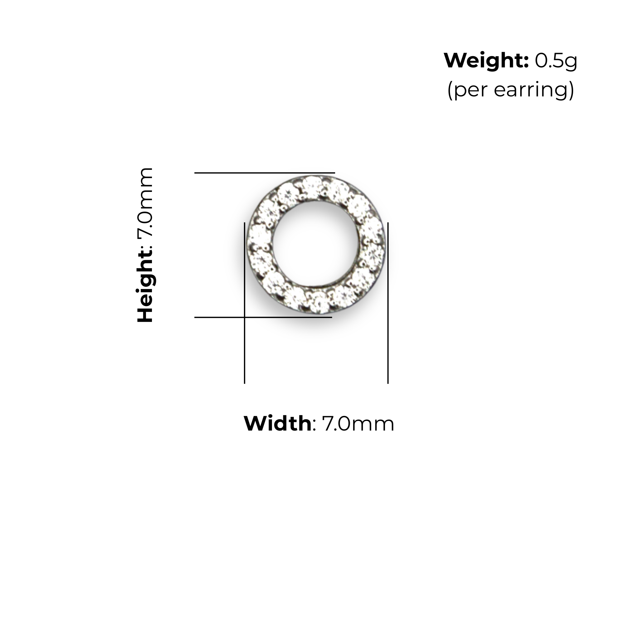 Sterling Silver Open Circle Stud Earrings, Pave-Set CZ Detail, product dimensions shown, width 7.0mm, height 7.0mm, weight 0.5g per earring.