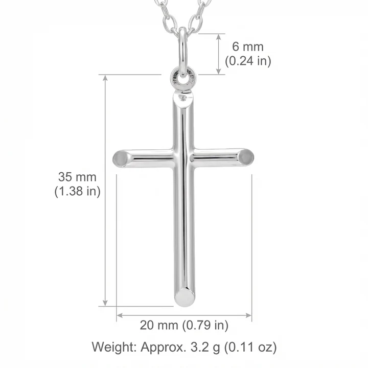 Sterling Silver plain cross pendant, round tubular arms, product dimensions shown,  35mm height by 20mm width