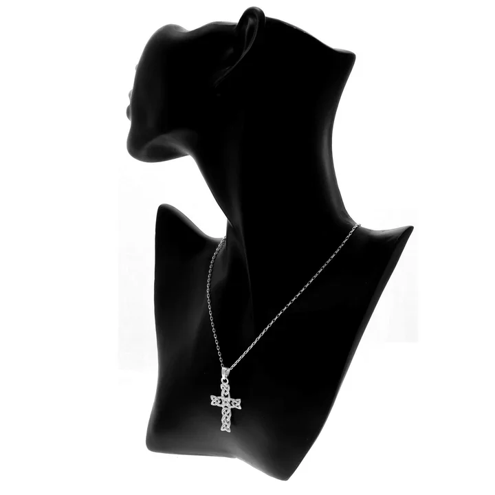 Large Sterling Silver Celtic cross pendant with open plaitwork knotwork, displayed on black jewellery bust with chain