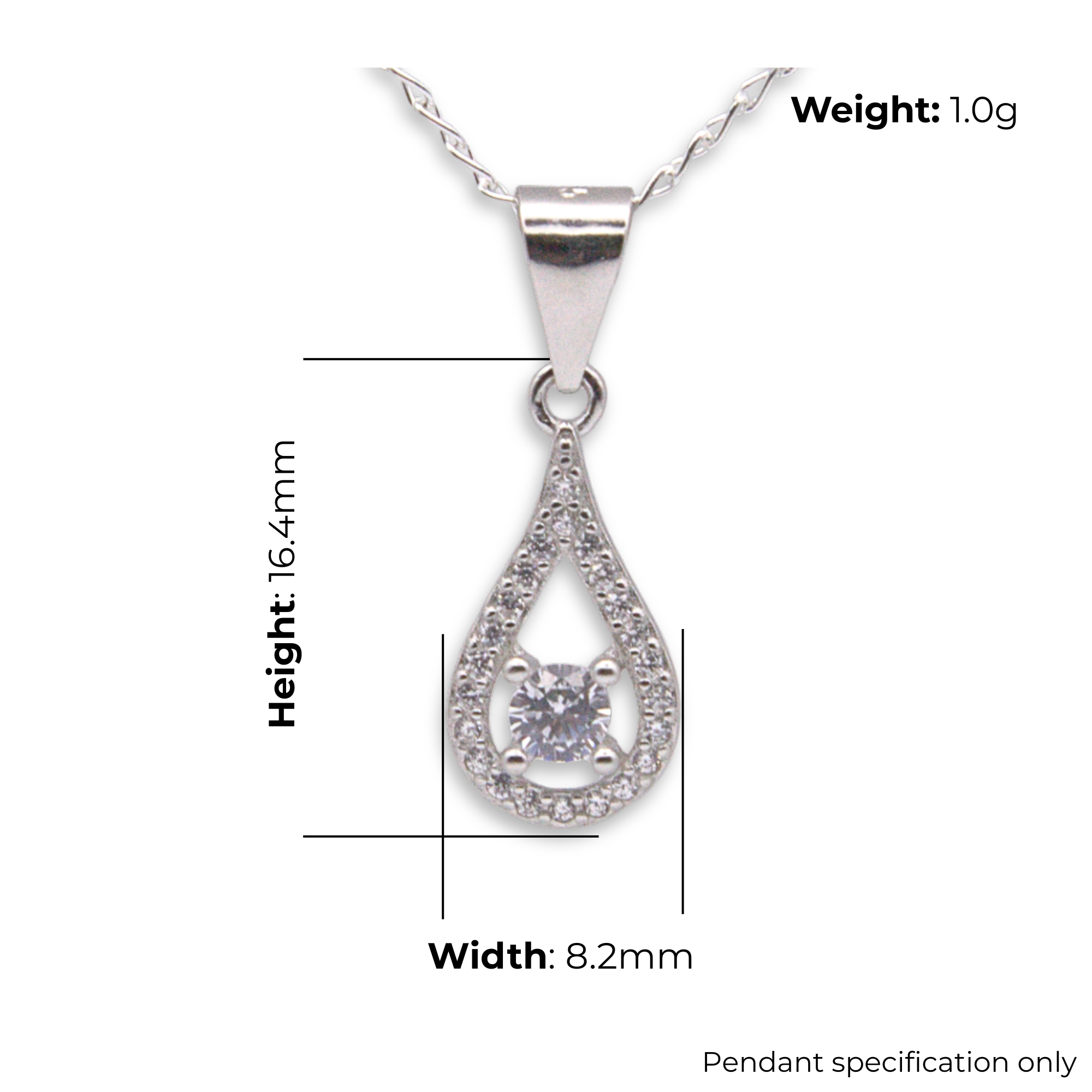 Sterling Silver Teardrop CZ Halo Pendant, product dimensions shown, width 8.2mm, height 16.4mm, weight 1g pendant specification only