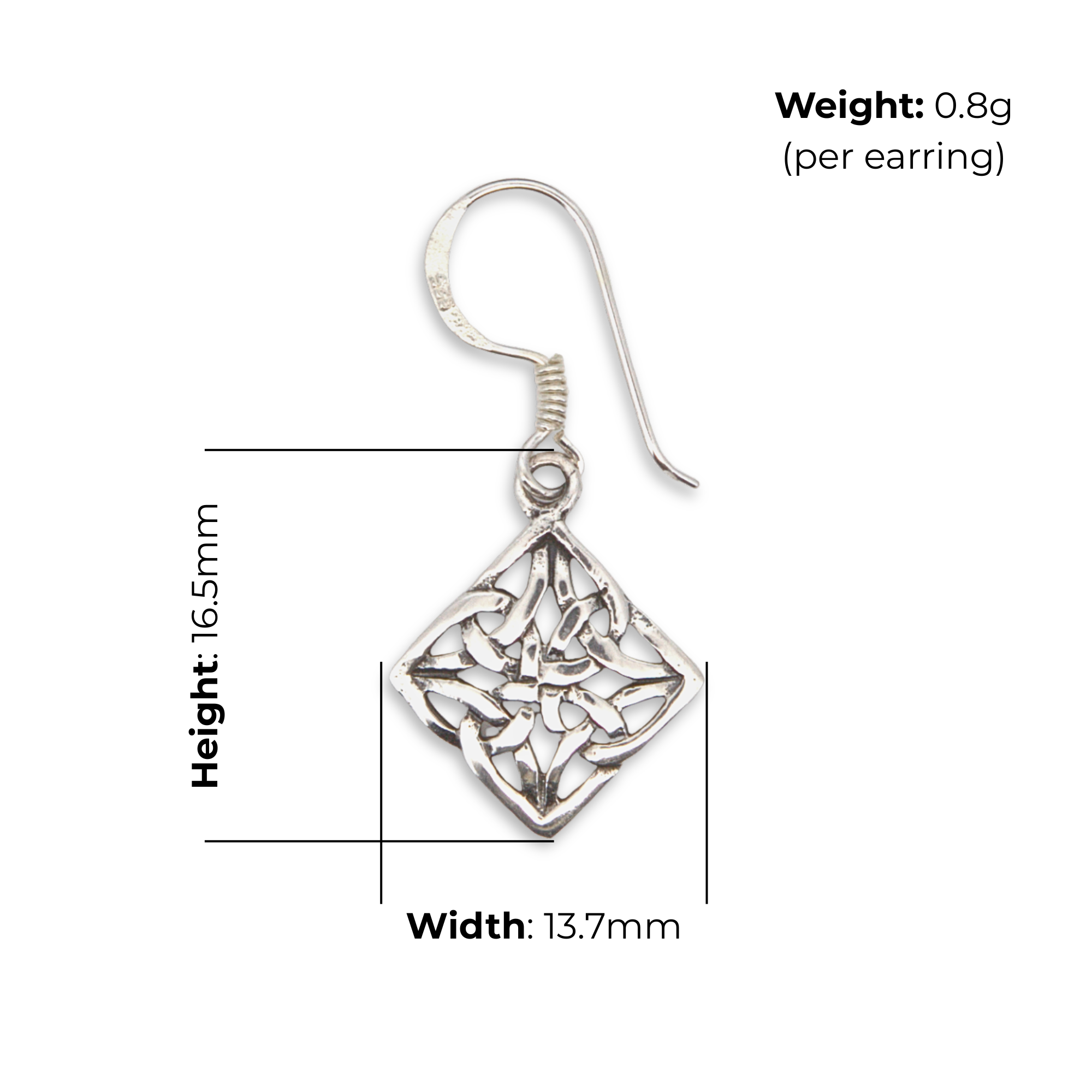 Sterling Silver Celtic Knotwork Drop Earrings, diamond frame design, product dimensions shown, width 13.7mm, height 16.5mm, weight 0.8g per earring