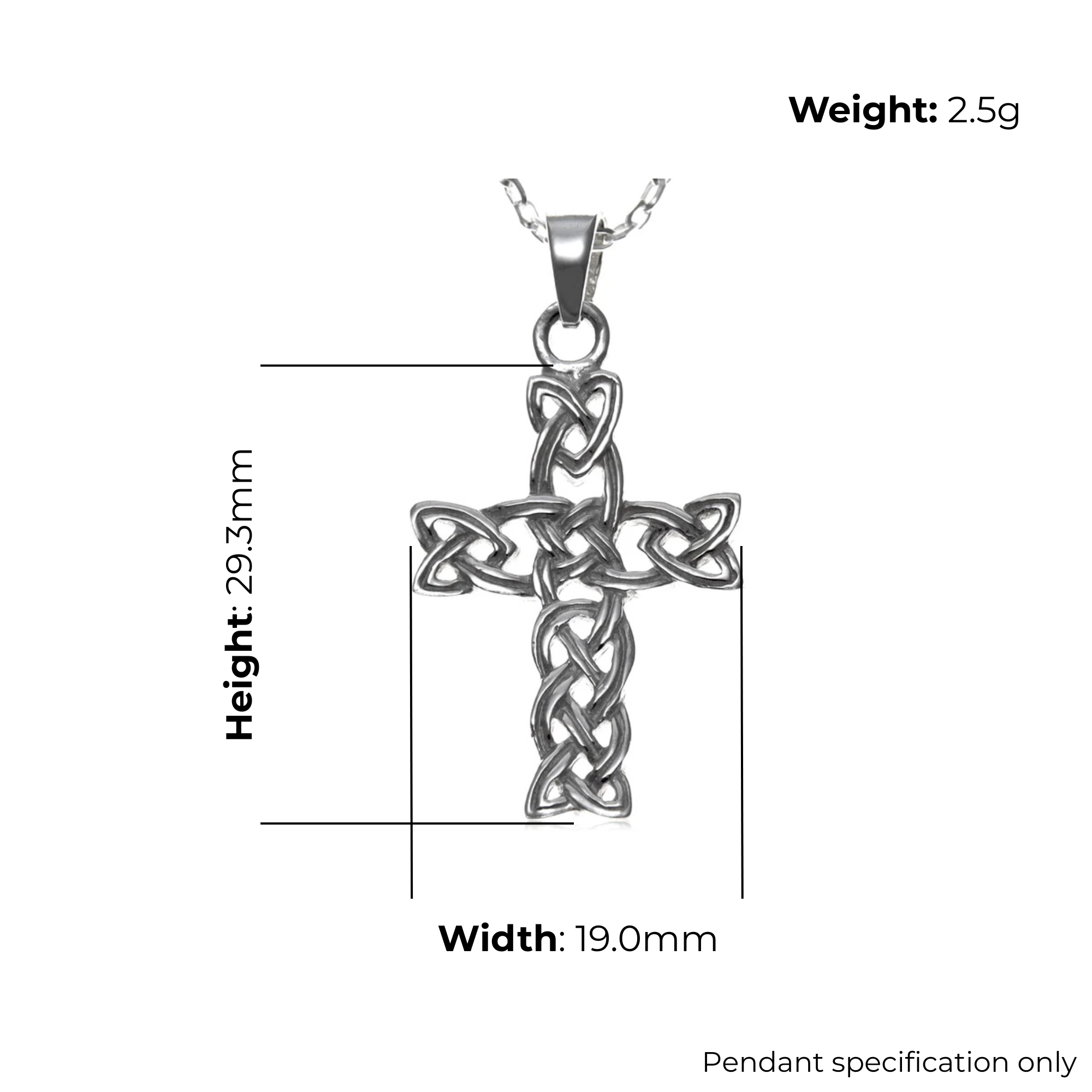 Large Sterling Silver Celtic cross pendant with open plaitwork knotwork, product dimensions shown, height 29.3mm, width 19mm, weight 2.5g, pendant specification only