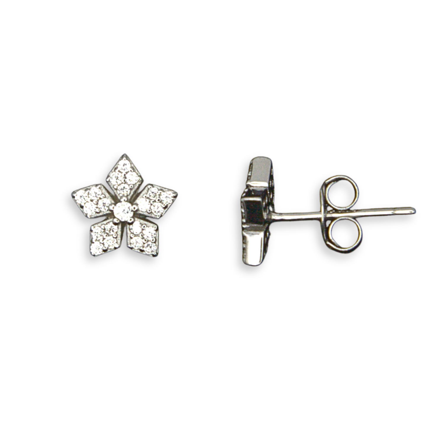 Sterling Silver Flower Stud Earrings, Pave-Set CZ