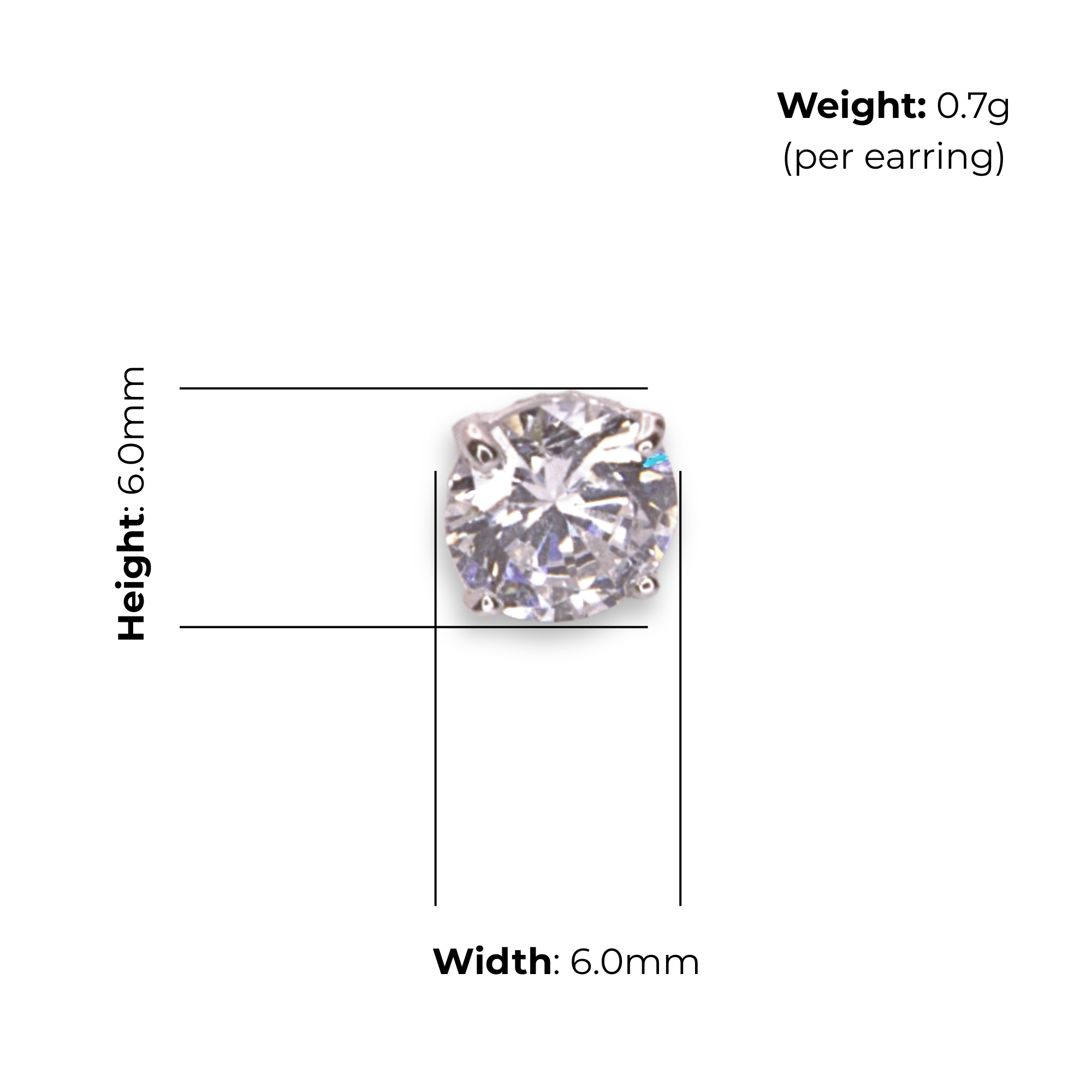 Sterling Silver Round CZ Solitaire Stud Earrings, product dimensions shown, width 6mm, height 6mm, weight 0.7g per earring