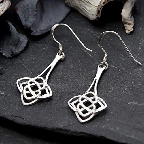 Sterling Silver Celtic Square Knotwork Drop Earrings, tapered stem, geometric interlace, fish hook fitting, shown on Scottish slate with sea stones and dried botanicals