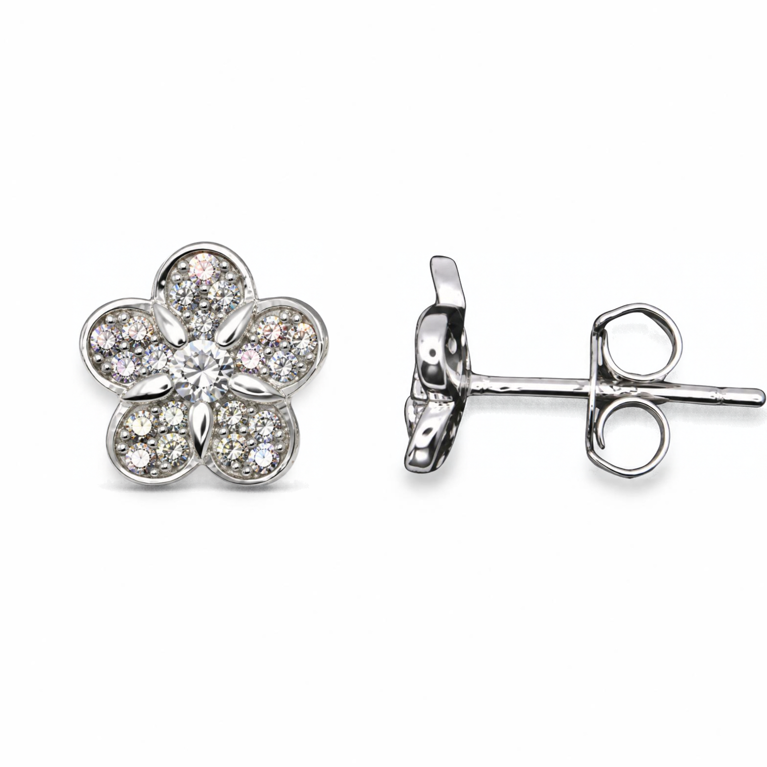Sterling Silver Flower Stud Earrings, Pave-Set CZ