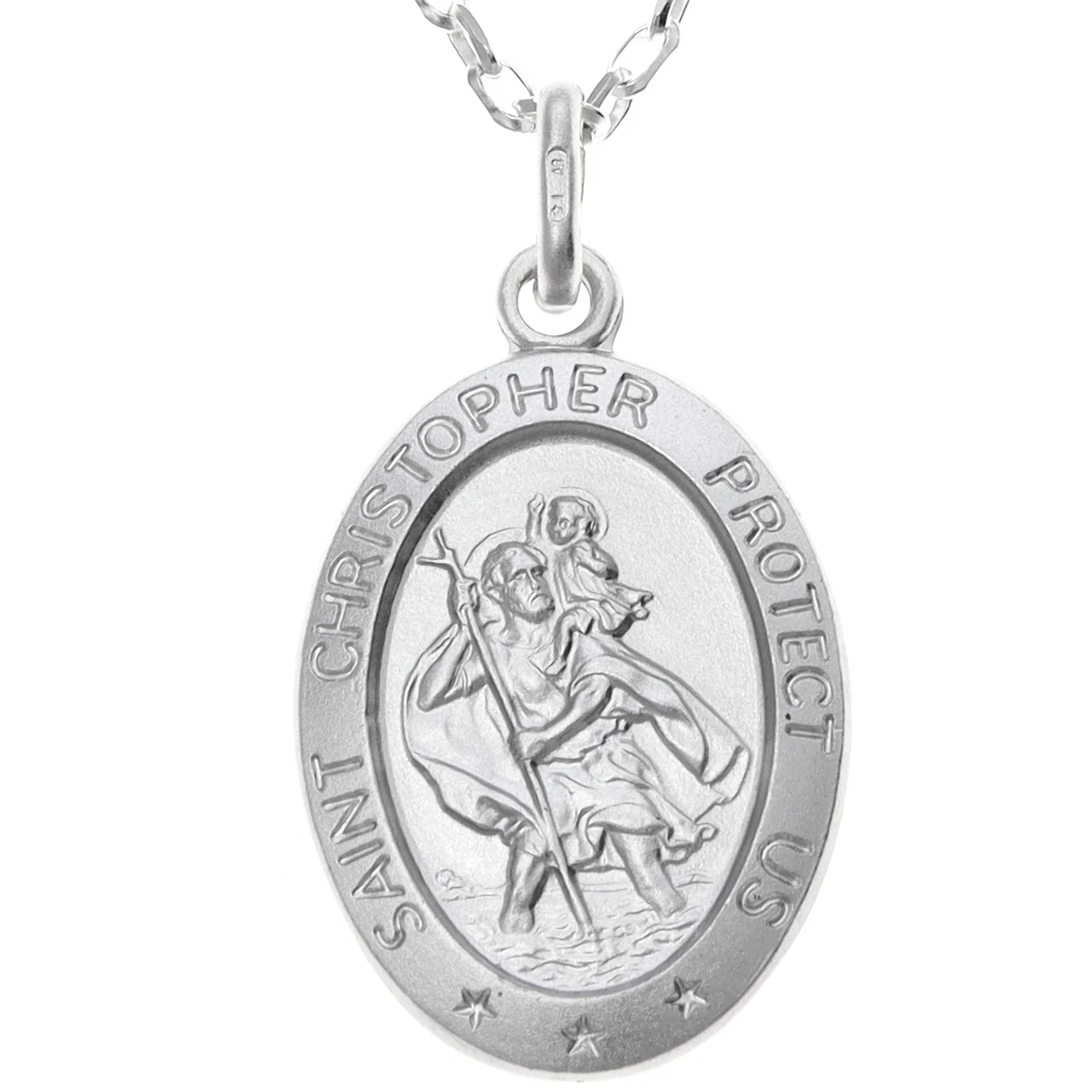 Sterling Silver oval St Christopher pendant. Embossed figural scene, protective inscription, raised border.