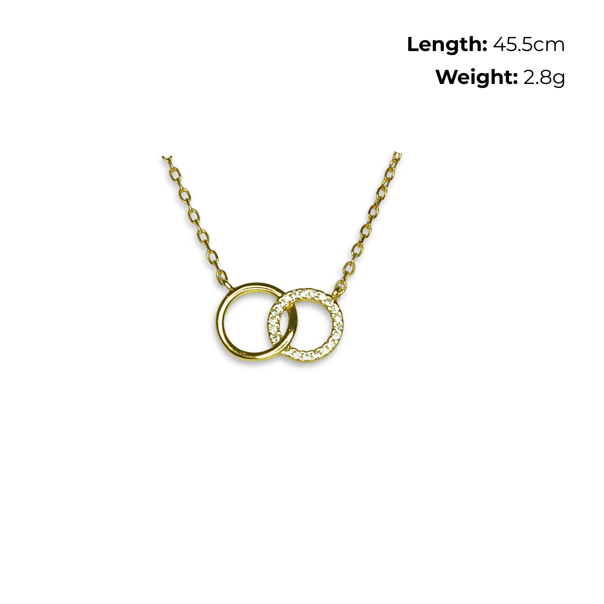 Sterling Silver Interlocking Circles Necklet, Gold Plated, CZ Detail, product dimensions shown, length 45.5cm, weight 2.8g.