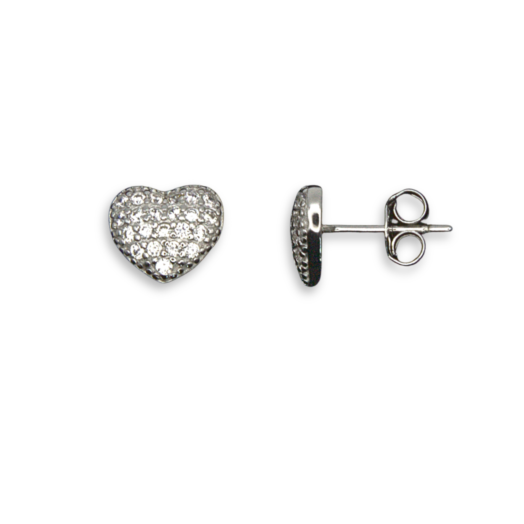 Sterling Silver Heart Stud Earrings, Pave-Set CZ