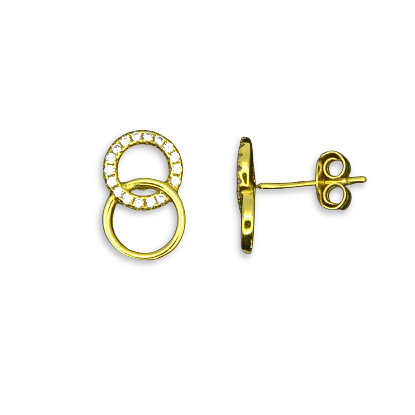 Sterling Silver Interlocking Circles Stud Earrings, Gold Plated, Pave-Set CZ
