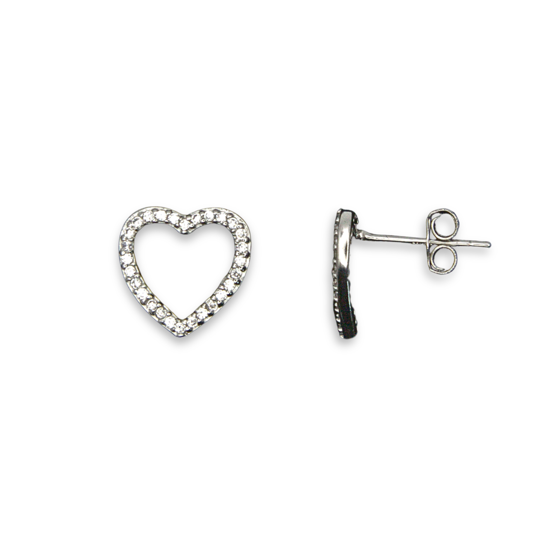 Sterling Silver Open Heart Stud Earrings, Pave-Set CZ
