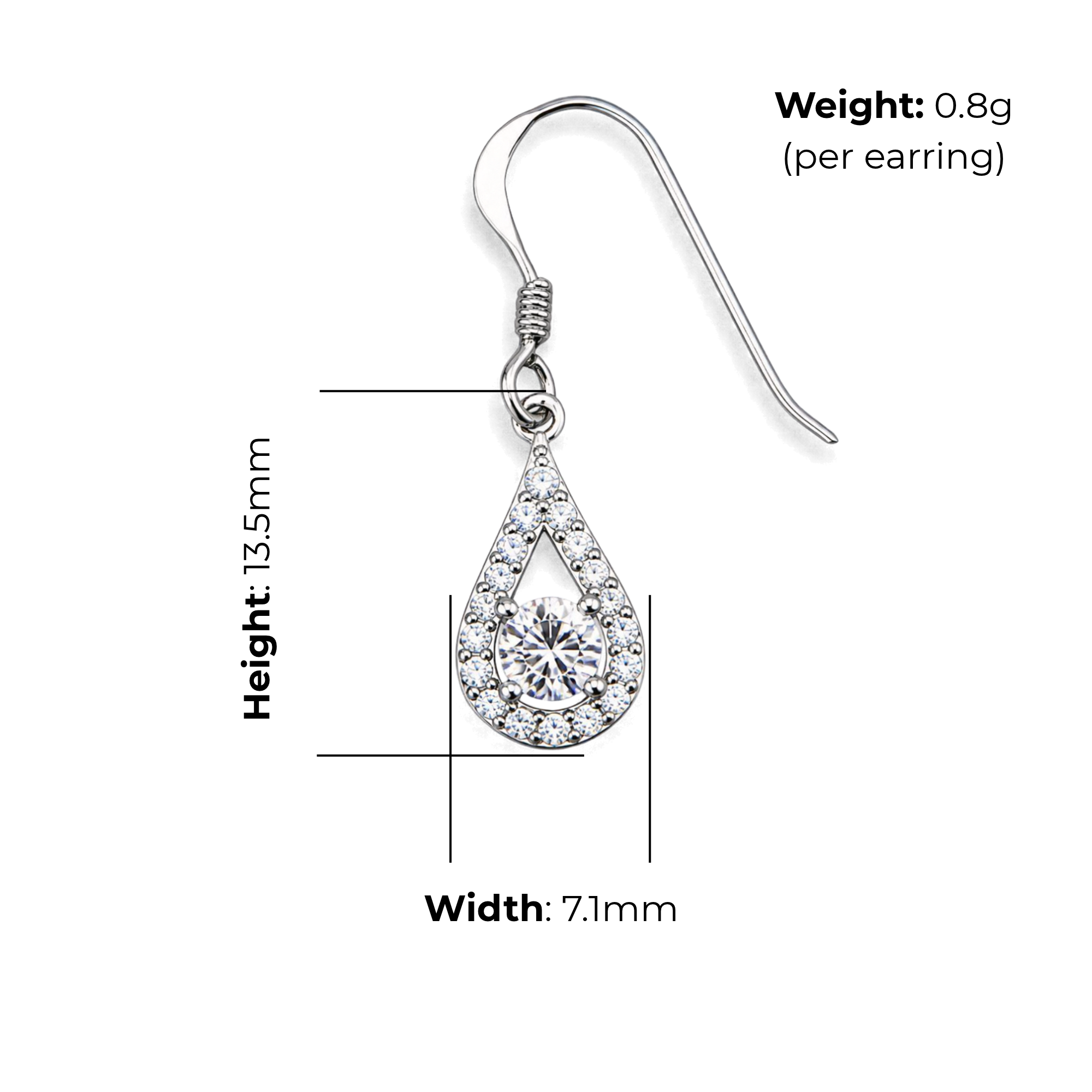 Sterling Silver Teardrop CZ Halo Drop Earrings, product dimensions shown, width 7.1mm, height 13.5mm, weight 0.8g per earring