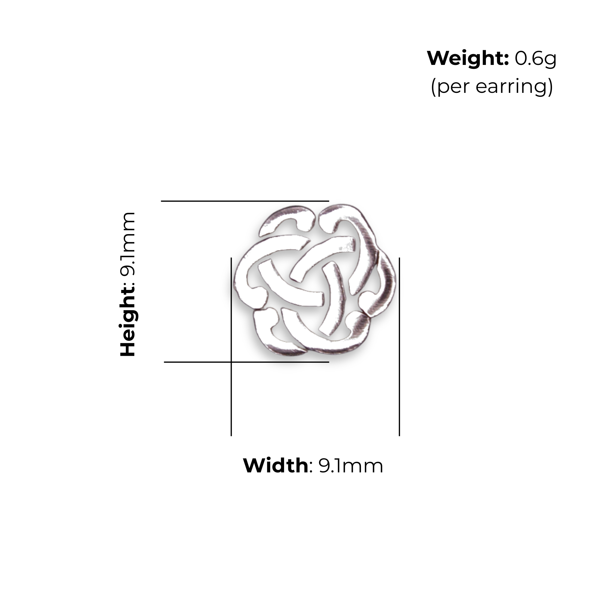 Sterling Silver Celtic Knot Stud Earrings, Radial Interlace Design, product dimensions shown, width 9.1mm, height 9.1mm, weight 0.6g per earring.