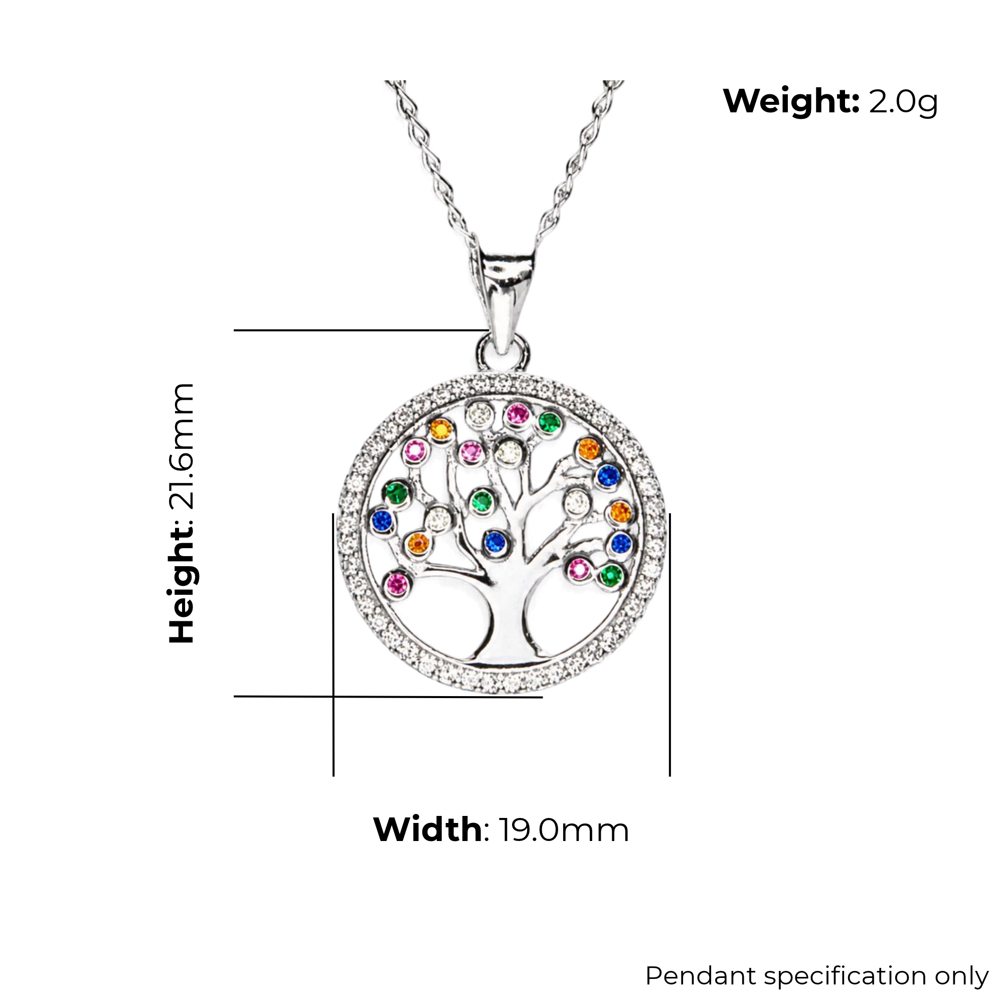 Sterling Silver Tree of Life Pendant, Multi-Colour CZ Detail with Border, product dimensions shown, width 19.0mm, height 21.6mm, weight 2.0g, pendant specification only.