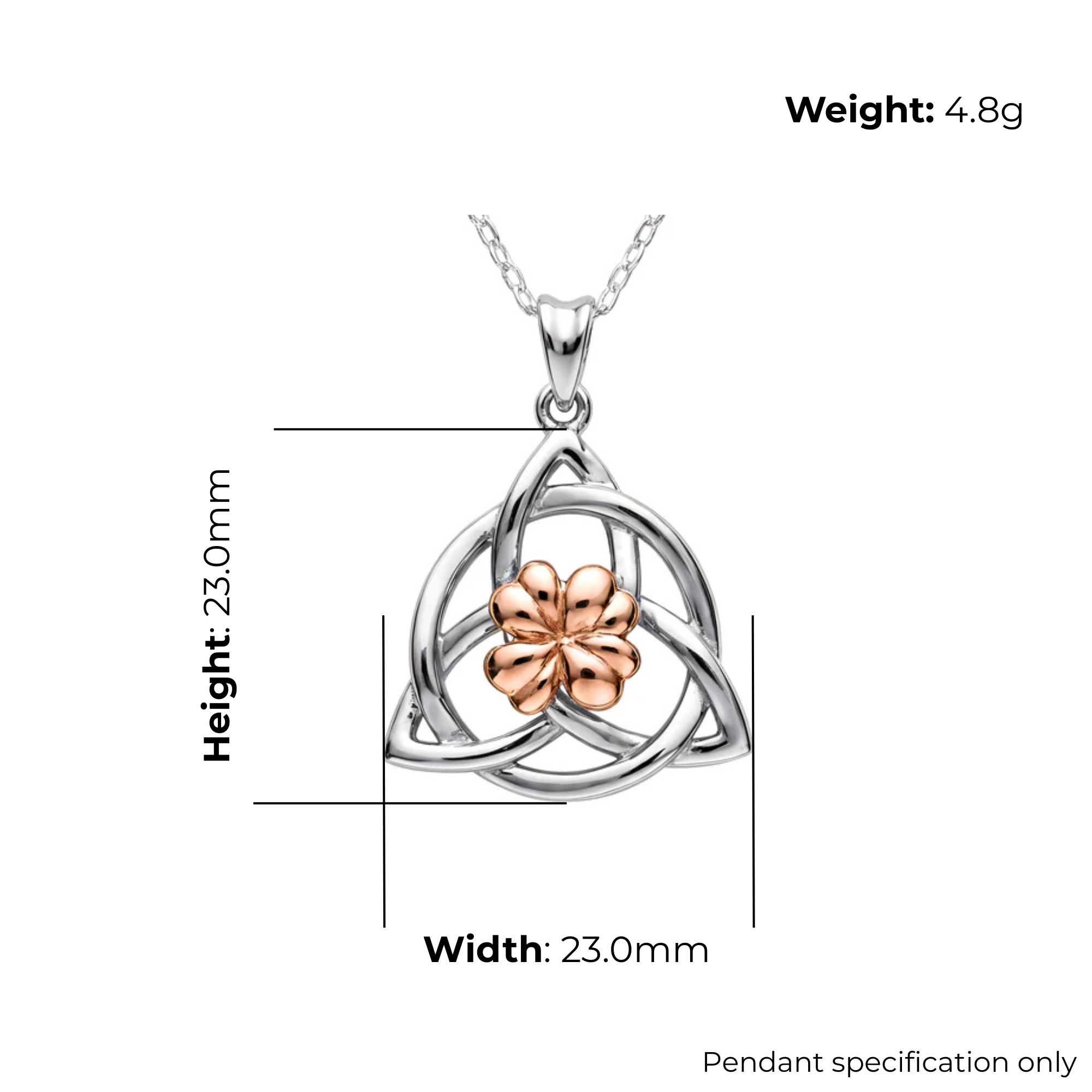 Sterling Silver & Rose Gold Celtic Trinity Knot Pendant, rose gold clover centre, product dimensions shown, height 23mm, width 23mm, weight 4.8g, pendant specification only