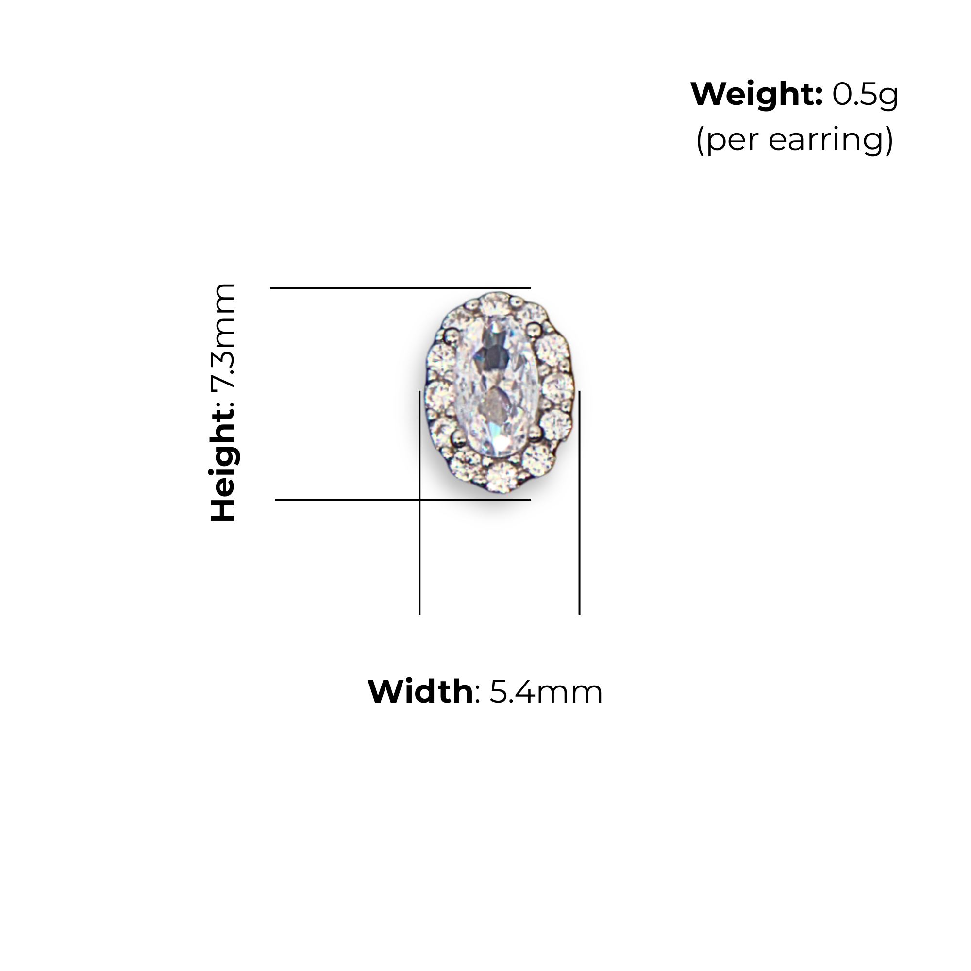 Sterling Silver Oval Halo Stud Earrings, product dimensions shown, width 5.4mm, height 7.3mm, weight 0.5g per earring.